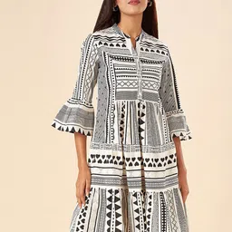 AKKRITI BY PANTALOONS Geometric Printed Mandarin Collar Bell Sleeve Cotton A-Line Dress-image-55