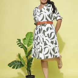 9shines Label Plus Size Abstract Printed Shirt Collar Linen Cotton A-Line Belted Dress-picture-21