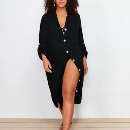 Trendyol Plus Size Mandarin Collar Roll-Up Sleeves Midi A-Line Dress image 1