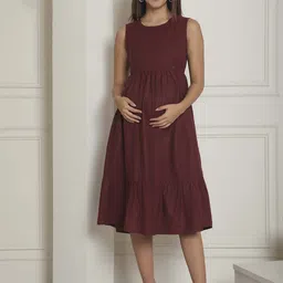 Moms Maternity Geometric Woven Design Gathered Organic Cotton Maternity A-Line Dress-picture-11