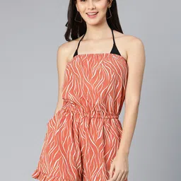 Oxolloxo Women Peach Printed Off-Shoulder Beach Dress-image-69