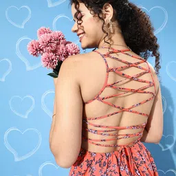 Berrylush Orange Floral Print Lace Up Back Crepe Dress-picture-12