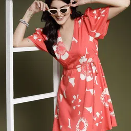 EVERYDAY by ANI Floral Print V-Neck Flared Sleeves Tie-ups Crepe A-Line Dress-image-19