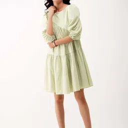 AASK Solid Puff Sleeves Drop-Waist Dress image 1