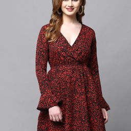 aayu Floral Printed V-Neck Bell Sleeves Gathered Fit & Flare Mini Dress-picture-7