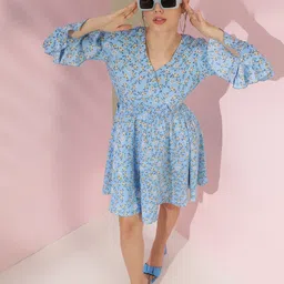 Stylecast X Kotty Floral Printed Flared Sleeves Crepe Fit & Flare Dress-picture-23