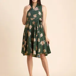 Moomaya Floral Printed Mandarin Collar Fit & Flare Dress-picture-17