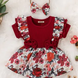 INCLUD Girls Floral Printed Round Neck Ruffled Cotton Fit & Flare Dress-picture-21