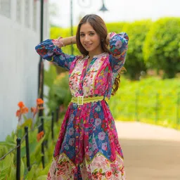 Ambraee Floral Print Mandarin Collar Puff Sleeves Belted Cotton Fit & Flare Dress-picture-16