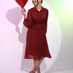 Tokyo Talkies Maroon Shirt Collar Fit & Flare Dress-picture-42