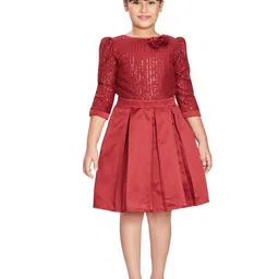 Peppermint Embellished Round Neck Puff Sleeves Fit & Flare Pleated Dress-picture-15