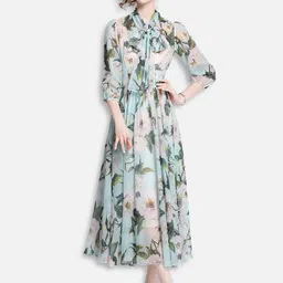 JC Collection Green & Blue Floral Printed Maxi Fit & Flare Dress image 1
