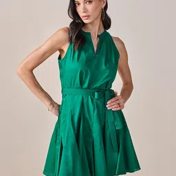 AND Mandarin Collar Sleeveless Belted Cotton Fit & Flare Dress image 1