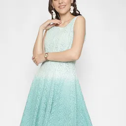 250 DESIGNS Women Green & White Fit and Flare Dress-image-11