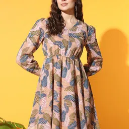 Slenor Floral Print V-Neck Cuffed Sleeves Georgette Pleated  Fit & Flare Dress-image-42