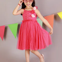 KidsDew Girls Shoulder Straps Self Design Net Fit & Flare Dress-picture-12