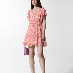 ONLY Onlameba Abstract Printed V-Neck Flared Sleeves Chiffon Fit & Flare Dress image 1