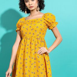 Vishudh Mustard Yellow Floral Printed Square Neck Puff Sleeves Smocked Fit & Flare Dress-picture-44