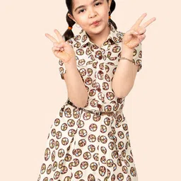 Naughty Ninos Girl Floral Print Shirt Collar A-Line Fit & Flare Dress-picture-29