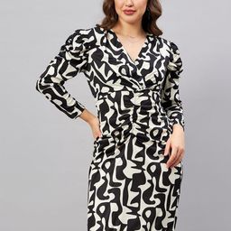 Antheaa Black & Off White Abstract Printed V-Neck Gathered Sheath Dress-picture-9