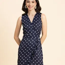 Moomaya Polka Dots Printed V-Neck Ruffled Satin Wrap Dress-image-16