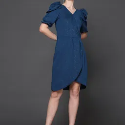 Ziva Fashion Embellished Puff Sleeve V-Neck Gathered Wrap Dress-picture-39