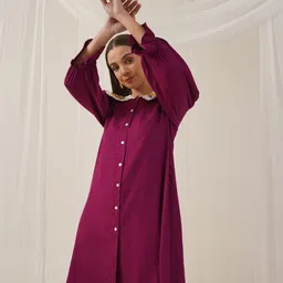 Indian Needle Peter Floral Embroidered Pan Collar Puff Sleeves A-Line Dress-image-99