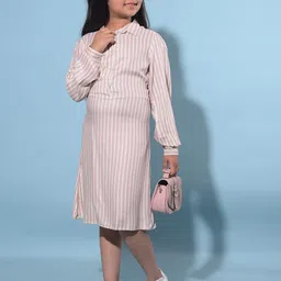 Crimsoune Club Girls Striped Shirt Collar Cuffed Sleeves Cotton Straight Shirt Dress-picture-13