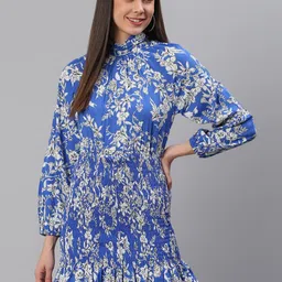 BAESD Floral Print High Neck Puff Sleeves Smocked Crepe Sheath Dress-picture-43
