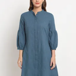 FAABRIQ Mandarin Collar Puff Sleeves Pure Cotton Shirt Dress-image-5