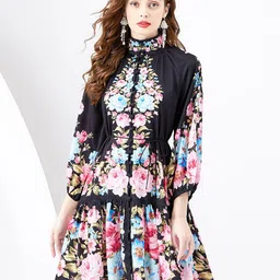 JC Collection Floral Printed High Neck Cuffed Sleeves Tiered & Tie-Ups Mini A-Line Dress-picture-41