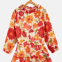 612 league Girls Beige & Red Floral Print Drop-Waist Dress-image-0