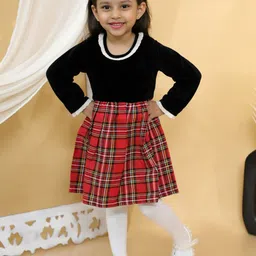 BownBee Girls Round Neck Long Sleeves Checked Velvet Pinafore Dress-picture-11