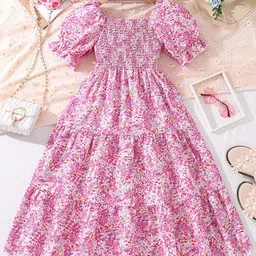 StyleCast x Revolte Girls Pink Square Neck Floral Print Puff Sleeve Layered Maxi Dress-image-77