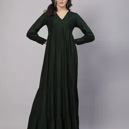 aayu V-Neck Cuffed Sleeves Tiered Flared Maxi Dress image 1