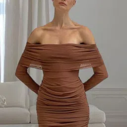 StyleCast Brown Off-Shoulder Ruched Bodycon Mini Dress-picture-25