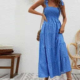 JC Mode Women Polka Dot Printed Smocked Shoulder StrapsFit and Flare Maxi Dress-image-7