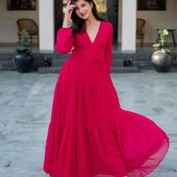 Label Shaurya Sanadhya V-Neck Self Design Cuffed Sleeves Georgette Maxi Dress-image-28