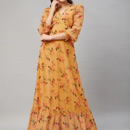 Orchid Blues Floral Printed V-Neck Puff Sleeve Cut Outs Georgette Maxi Dress-image-74