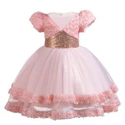 StyleCast Girls Pink Floral Self Design Puff Sleeves Sequinned Fit & Flare Maxi Dress-picture-7