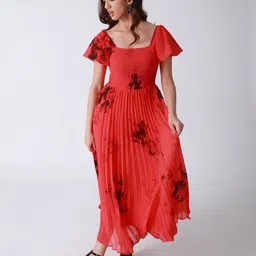 Strong And Brave Floral Printed Smocked Georgette Fit & Flare Maxi Dress image 1