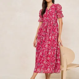 Styli Women Floral Print V-Neck A-Line Maxi Dress-picture-16