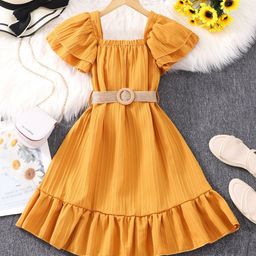 StyleCast Girls Yellow Self Design Belted A-Line Dress-picture-30