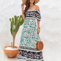 StyleCast White Floral Printed Off-Shoulder Puffed Sleeves A-Line Maxi Dress-picture-31