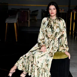 ODETTE Women Floral Printed Long Drop - Waist Dress-image-76