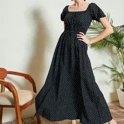 KASSUALLY Black Polka Dot Printed Puff Sleeves Maxi Dress-picture-37