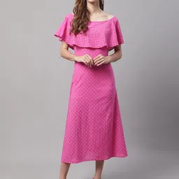 Enchanted Drapes Cotton Floral Off-Shoulder A-Line Midi Dress-image-0