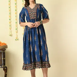 Myshka Ethnic Motifs Printed V-Neck Pleated Cotton Fit & Flare Midi Ethnic Dress-picture-24