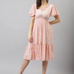 BAESD Floral Printed V-Neck Flared Sleeve Smocked Fit & Flare Midi Dress image 1