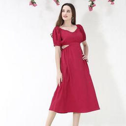 Sera Fuchsia Pink Puff Sleeves Cut-Out Detailed A-Line Dress-picture-1
